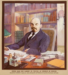 Lenin på sitt kontor i Kreml i Moskva, ur Histoire des Soviets, publ. 1922 (färglitografi)