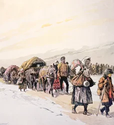 Svältande folkmassor lämnar sitt hemland, ca 1924 (färglitografi)
