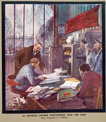Arbetarkontroll i en sovjetisk fabrik vid tiden för revolutionen 1917, ur Histoire des Soviets, pub. 1922 (färglitografi)