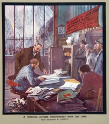 Arbetarkontroll i en sovjetisk fabrik vid tiden för revolutionen 1917, ur Histoire des Soviets, pub. 1922 (färglitografi)