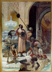 Massakern på abenceragerna. Abenceragerna, en morisk stam i kungariket Granada på 1400-talet, utrotades av Boabdil, kallad Zoghbi (1452-1528). Målning av Georges Jules Victor Clairin (1843-1919)