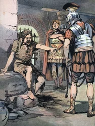 Gallienkriget: "" Den galliska krigaren Vercingetorix fånge i Jules Cesars romerska vapen i fängelserna i Tullianum, 46 f.Kr." (Galliska krig: Vercingetorixfången i Mamertine-fängelset i Rom efter hans nederlag mot Julius Caesar, 46 f.Kr.) Illustration av