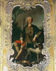 Porträtt av kurfursten Carl Albrecht i det gula sovrummet på slottet Amalienburg i Nymphenburgs ägor...