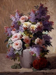 Stilleben med rosor och syrener. Målning av Georges Jeannin (1841-1925) Privat samling.