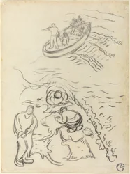 Studie för "The Fishermen" med män som tömmer näten
