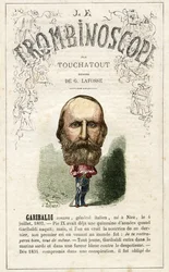 Giuseppe GARIBALDI (1807-1882) illustration från "Le Trombinoscope", en satirisk politisk tidskrift av Leon-Charles Bienvenu, känd som Touchatout (1835-1910) monografi N. 20, imprimerie Vallee, Paris