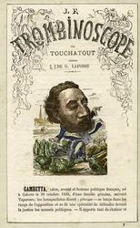 Leon GAMBETTA (1838-1882) illustration från "Le Trombinoscope", en satirisk politisk tidskrift av Leon-Charles Bienvenu, känd som Touchatout (1835-1910) monografi nr 3, Paris