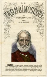 Louis-Auguste BLANQUI (1805-1881) - illustration från "Le Trombinoscope", en satirisk politisk tidskrift av Leon-Charles Bienvenu, känd som Touchatout (1835-1910) , monografi. 27, Paris, mars 1872