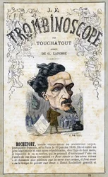Victor Henri ROCHEFORT (1831-1913), illustration från "Le Trombinoscope", en satirisk politisk tidskrift av Leon-Charles Bienvenu, känd som Touchatout (1835-1910) monografi N. 15, Imprimerie Vallee, Paris, oktober 1871