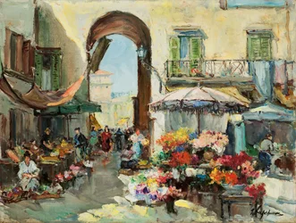 En blomstermarknad i Nice (olja på duk)