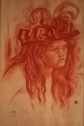 Ung flicka med hatt (krita)
