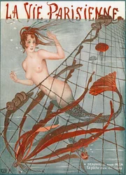 Sjöjungfru fångad i ett fiskenät, Illustration från "La Vie Parisienne"