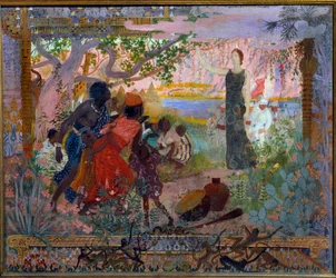 Akademisk konst eller brandman: "The conquete of Africa"" Allegori om kolonialism som representerar en ung vit kvinna som högtidligt avancerar mot rädda afrikanska familjer. Målning av Georges Antoine Rochegrosse (1859-1938) 1900 Paris, Musée du Luxembourg