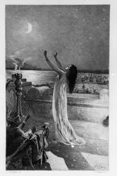 Salammbo, dotter till Hamilcar Barca (eller Barcas), ber Tanit, månens gudinna Illustration av Georges Antoine Rochegrosse (1859-1938) för romanen "Salammbo" av Gustave Flaubert, och tar som ram legosoldatskriget vid tiden för Första punikern