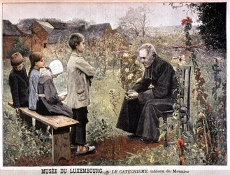 Katekesen (präst och barn i trädgården) av Georges Meunier, Musée du Luxembourg - i "" Le petit Journal"" den 5 juni
