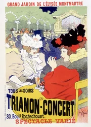 Trianonkonsert, daglig show i den stora trädgården i Elysee Montmartre (Elysee-Montmartre) i Paris. Affisch av Georges Meunier