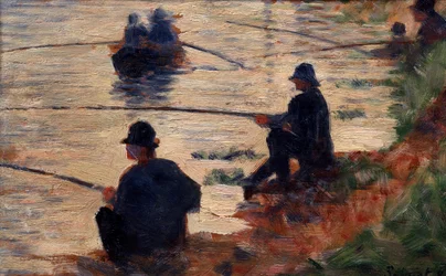 Fiskarna vid Studielinjen för storjatten. Målning av Georges Seurat (1859-1891) 1883 Sön. 0,16x0,25 m Troyes, museum för modern konst