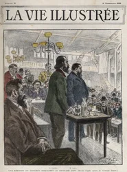 Generalkongressen för socialistiska organisationer, som hölls i Paris i december 1899, på Gymnasium Japy - Jean Jaures (1859-1914) och Eugene Fournier (1857-1914) teckning av Georges Redon - la vie illustree de 1899