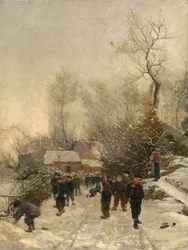 By med barn i snön (olja på duk)