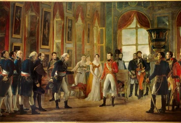 Napoleon I (1769-1821) tog emot i Saint-Cloud Senatus-Consulte som utropade honom till kejsare av fransmännen den 18/05/1804 (bakom kejsarinnan Josephine, står hans dotter Hortense och hennes svägerska Marie-Annonciade, Caroline Bonaparte (1782-1839)). Je