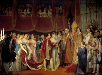 Napoleon I:s (1769-1821) religiösa äktenskap med ärkehertiginnan Marie Louise av Habsburg-Lorraine (1791-1847), 1810-04-02 i Salon carre du Louvren Målning av Georges Rouget (1783-1869) 1800-talet sön. 3,67x4,94 m. - Napoleon I:s religiösa äktenskap (17