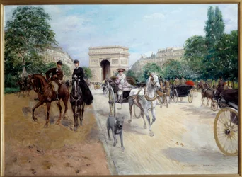 Ryttare och kopplare på avenue du bois i Paris Au fond l