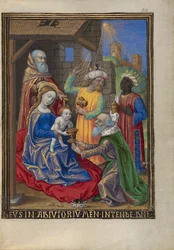 The Adoration of the Magi from a Book of Hours Ms. 48 fol. 59, c.1480-90 (tempera, bladguld och bläck på pergament)