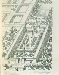 Etsning som visar en perspektivvy av en byggnad i Tell el-Amarna av Georges Perrot (1832-1914) och Charles Chipiez (1835-1901)