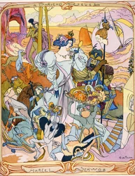 Centralpanel av en triptykillustration från boken 