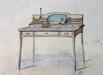 Ritning till ett damskrivbord i jugendstil för Bing Atelier (Art Nouveau Workshop), ca 1900 (akvarell och penna)