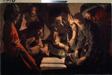 Hos penningutlånaren (Betalning). (Hos ockraren. Betalning). Målning av Georges de La Tour (1583-1652), cirka 1640. Barockkonst. Olja på duk. Statens konstgalleri, Lviv
