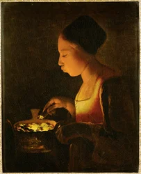 Flicka som blåser på en brazier (målning på duk)