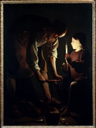 Saint Joseph snickaren Jesus barn håller ett ljus för att tända sin far Joseph på jobbet. Målning av Georges de La Tour (1593-1652) 1640 sön. 1,07 X 1,02 m Paris. Louvren
