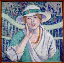 Porträtt av damen med vit och grön hattmålning av Georgette Agutte (1867-1922) 1914 Grenoble, Musee des Beaux Arts