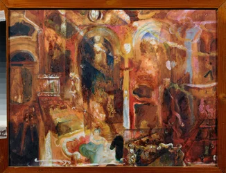 Cafe (Cafe) - Verk av Georgi Bogdanovich Yakulov (1884-1928), akvarell och vitt på papper, rysk konst, 1900-talet, futurism - Regionalt konstmuseum, Kaluga (Ryssland)