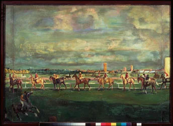Hästkapplöpning (Horseracing) - Målning av Georgi Bogdanovich Yakulov (1884-1928), olja på trä