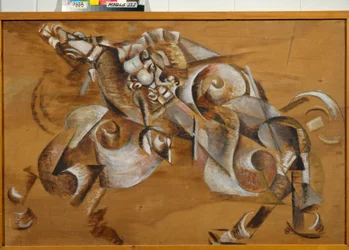 ""Lion attacking a Horse"" (Lion attacking a Horse) Målning av Georgi Yakulov (1884-1928) Olja på lekträ 1917-1918 Dim 99x149 cm Statliga Tretyakov Gallery, Moskva