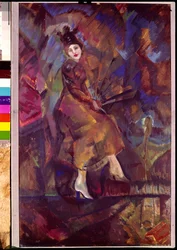 Porträtt av Panna Paskevich. Verk av Georgi Bogdanovich Yakulov (1884-1928), tempera på kartong, rysk konst, futurism. Armenian National Gallery, Jerevan (Armenien).