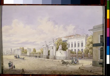 Great Lubyanka Street i Moskva (Great Lubyanka Street i Moskva) - Verk av Georgi Filippovich Baranovsky (1823-1852), akvarell på papper, 1848 - State Tretyakov Gallery, Moskva (Ryssland)