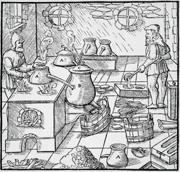 Gravyr från De re metallica (Om metallernas natur), av Georg Pawer eller Georgius Agricola (1494-1555), publicerad i Basel