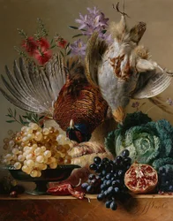 Död fasan, rapphöna, vindruvor, kål, frukt och blommor på en avsats (olja på duk)