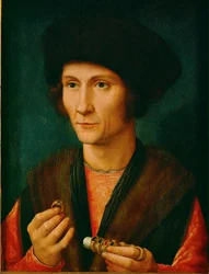 En guldsmed, kanske Jacques Cnoop, svärfar till Gerard David ... (olja på ek)