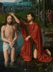 Detalj av den centrala panelen av Kristi dop, c.1502-08 (olja på panel)