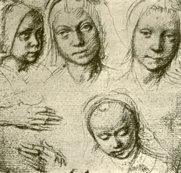 Fyra huvuden av en ung flicka och två händer, c1500-1505, 1908.