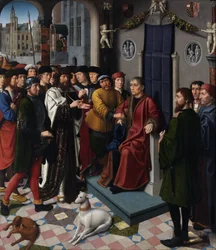 Kambyses dom (den persiske kungen Kambyses II, död 522 f.Kr., dömer domaren Sisamnes till att flås levande för att ha avkunnat en dom i utbyte mot pengar) - Kambyses dom (vänster panel) - Målning av Gerard David (ca 1460-1523) - 1498