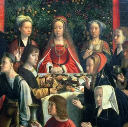 The Marriage at Cana, detalj av bruden och omgivande gäster olja på panelen detalj av 94324
