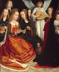 Jungfrun bland helgonen. Detalj av Saintes: Saint Dorothee, Saint Catherine, Saint Agnes, Saint Fausta. Målning av Gerard David (1460-1523) Ec. Flamma.