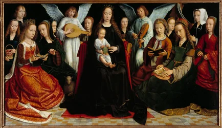Jungfrun mellan helgonen Före: Saint Dorothee, Saint Catherine, Saint Agnes, Saint Fausta, Saint Apollo (eller Apollonia), Saint Godeline, Saint Cecile, Saint Barbe, Saint Lucia, längst bak: Gerard David och hans fru Cornelie och två musiker änglar.
