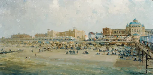 En sommardag på Scheveningen Beach vid Kurhaus (olja på duk)
