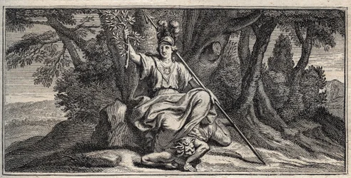 Minerva Slaming Discord - Minerva Terrassant la discorde - Gravyr av Gerard Edelinck efter Daniel Halle (1614-1675)